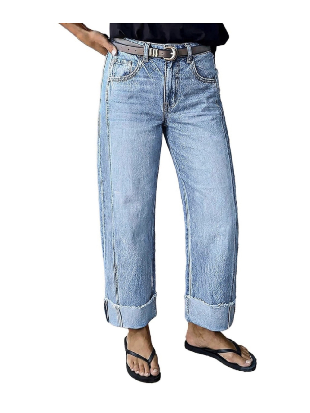 Flamingals Mid Rise Straight Leg Jeans Wash Seam Front Roll Pants XL